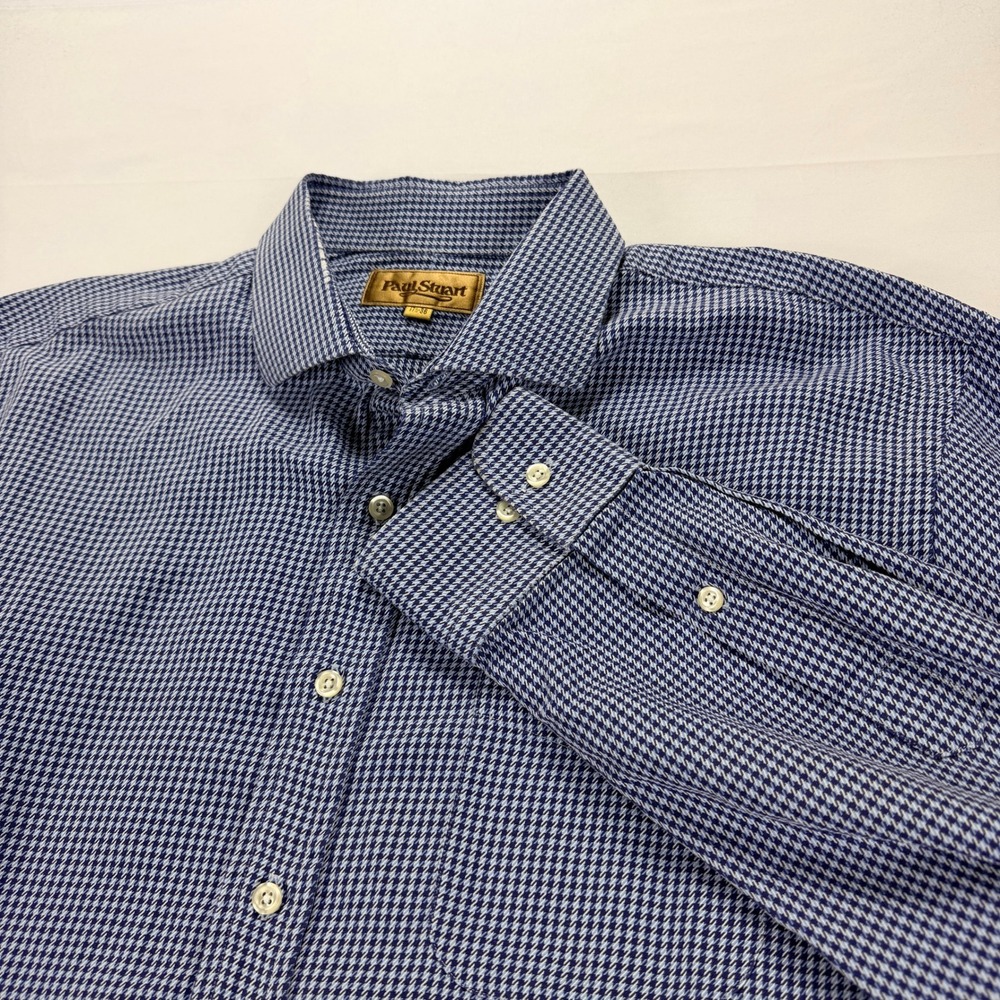 Paul Stuart Mens Large Dress Shirt Blue Micro Check Button‎ Down Shirt 17.5-36